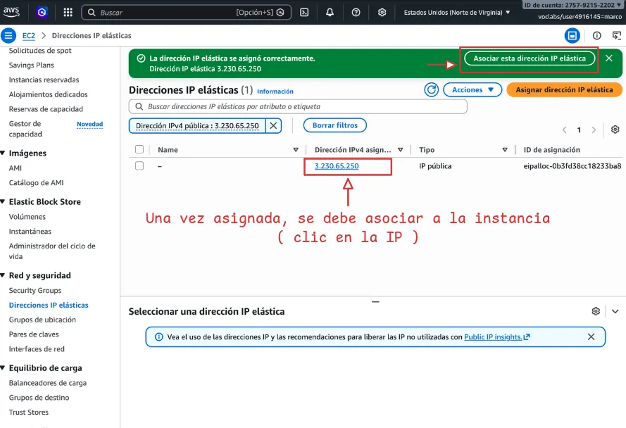 acceder a las opciones de la IP elástica