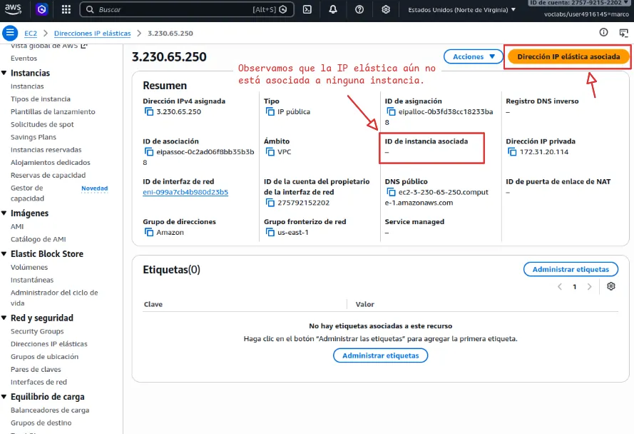 clic en dirección de ip elástica asociada