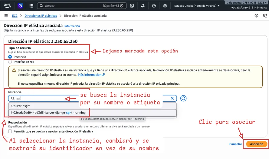 clic en dirección de ip elástica asociada